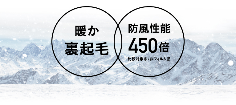 「暖か裏起毛」「防風性能450倍」