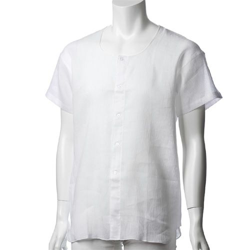 本製クレープ 麻１００％ 半袖全開シャツ