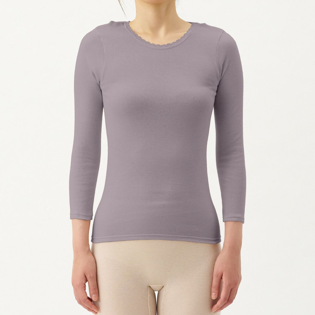 肌ごころ エイトロック編み レース付き 8分袖インナー