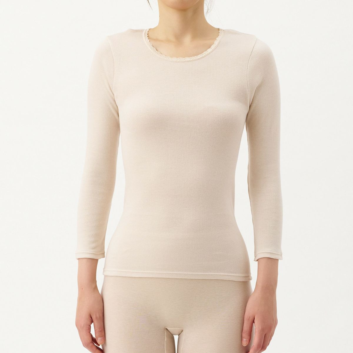 肌ごころ エイトロック編み レース付き 8分袖インナー