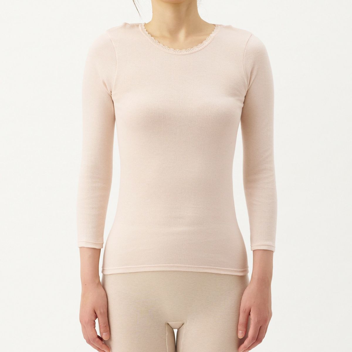 肌ごころ エイトロック編み レース付き 8分袖インナー