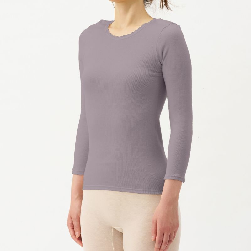 肌ごころ エイトロック編み レース付き 8分袖インナー