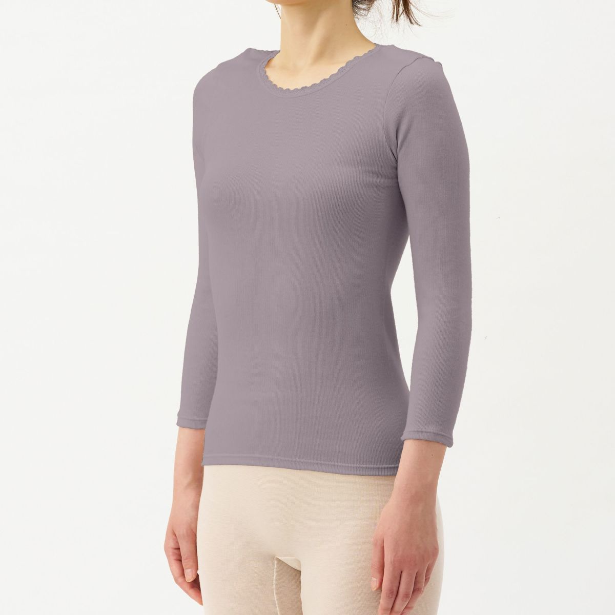 肌ごころ エイトロック編み レース付き 8分袖インナー