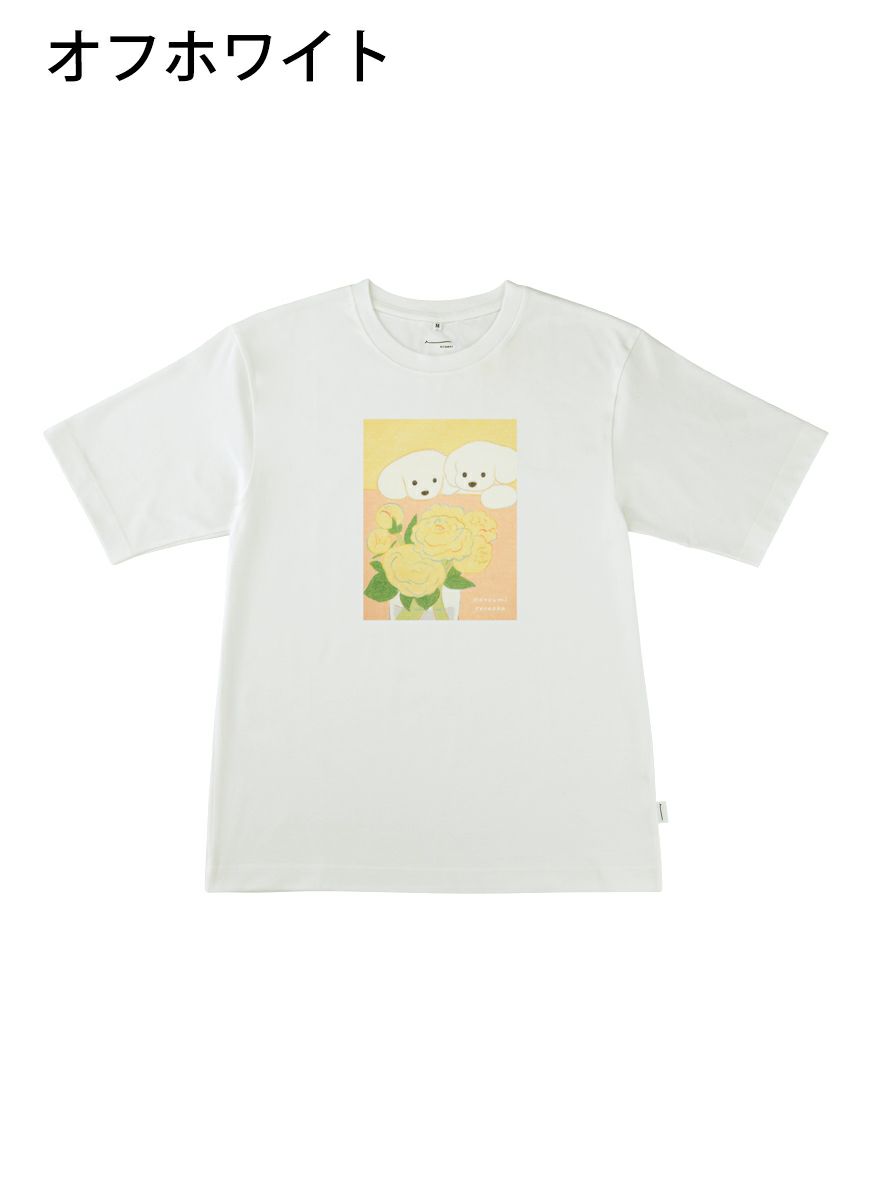 ビッグサイズシルエットTシャツ お花を見つめる犬