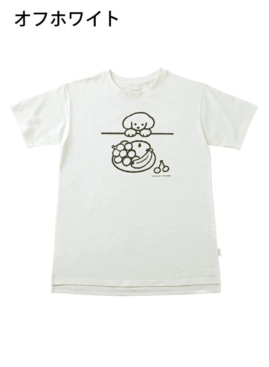 レディースチュニックTシャツ フルーツを見つめる犬モノトーン