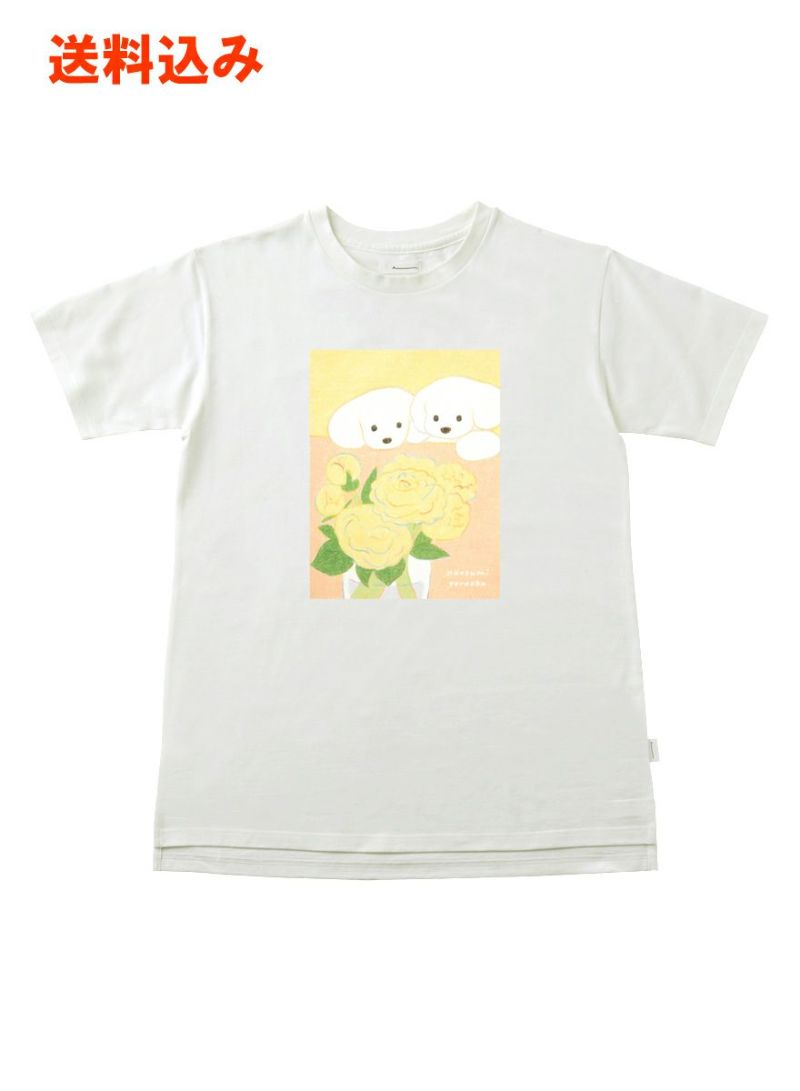 レディースチュニックTシャツ お花を見つめる犬